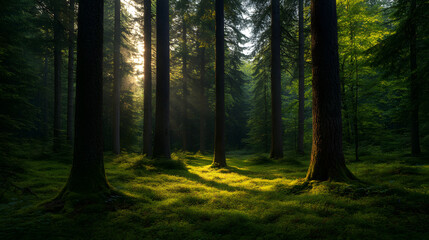 Fototapeta premium Sunlight Through Trees in a Lush Green Forest