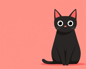 Cute illustration of a black cat with big eyes sitting against a pink background. Perfect for feline-themed designs and pet lovers.