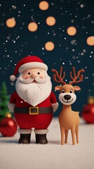 Festive Christmas scene with cute Santa Claus and reindeer figurines surrounded by glowing lights and holiday ornaments on snow.