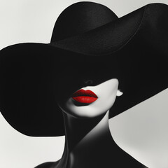 Dramatisches Schwarz-Weiß-Porträt, Elegante Frau mit Hut, Rote Lippen als Farbakzent, Film Noir Stil, Vintage Glamour, Modefotografie © Nick Freund