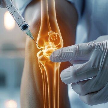 A close-up of the knee cartilage with a glowing effect where the joint is worn out, highlighting the area of pain or damage. a hand holding a syringe, injecting hyaluronic acid into the joint space.
