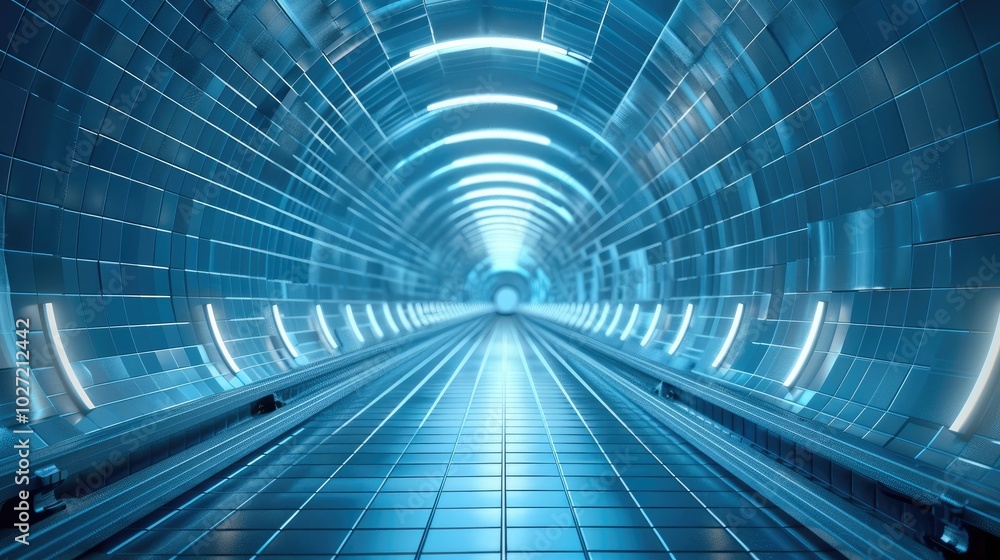 Aufkleber A wired 3D model of a long railroad tunnel in a blue tech environment.