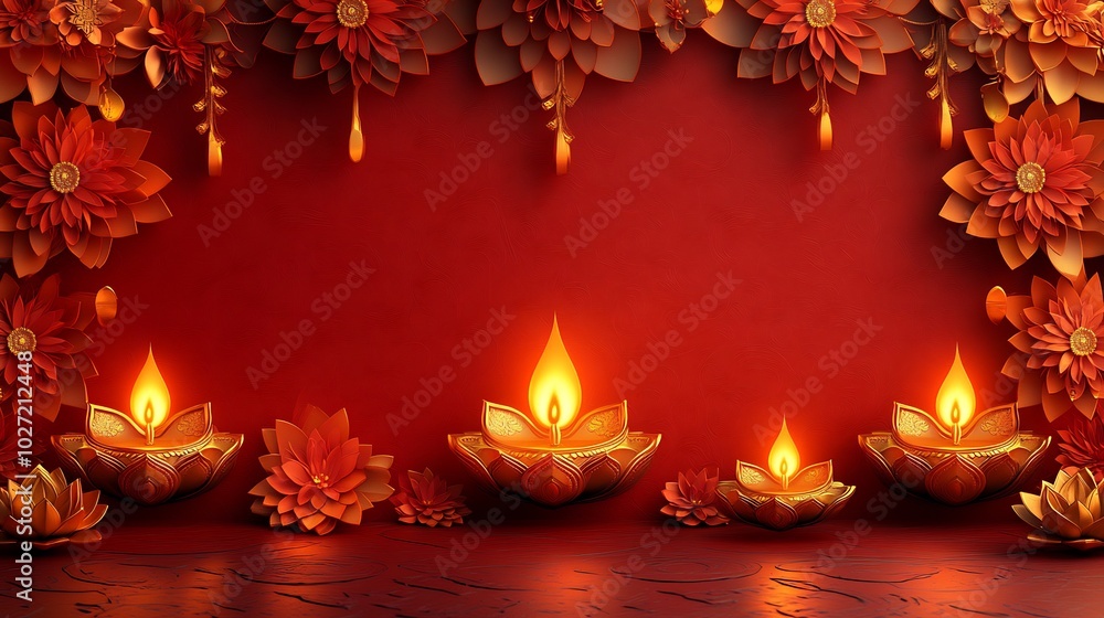 Poster diwalithemed background golden diya icons and lotus flower patterns framed by detailed geometric bor