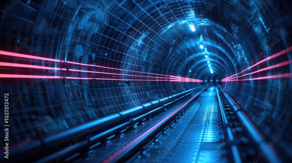 Aufkleber a wired 3d model of a long railroad tunnel in a blue tech environment.