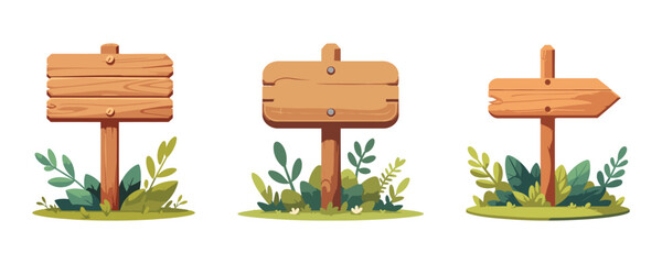 Wooden signboard Post arrow pointing direction sign with plants Vector illustration Design collection set