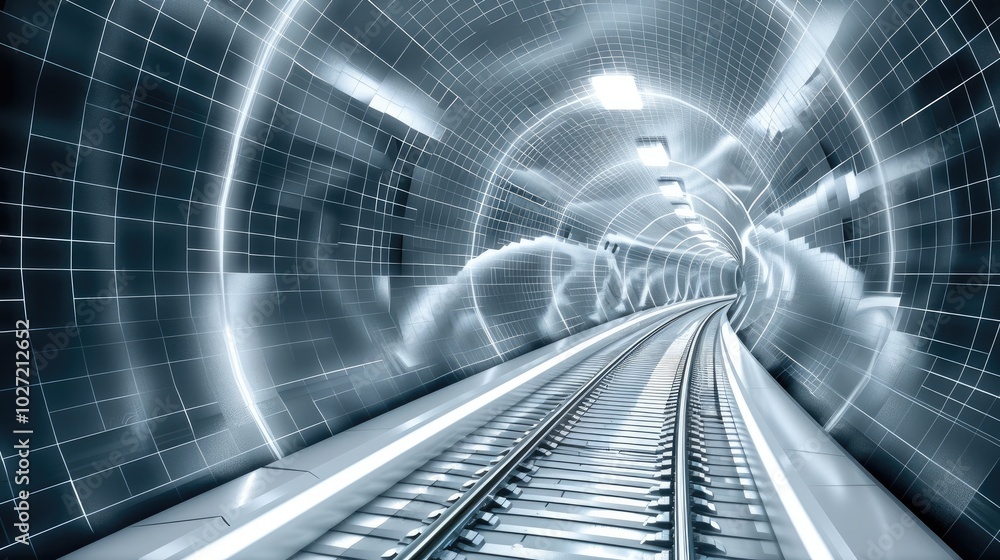 Aufkleber a wired 3d model of a long railroad tunnel in a blue tech environment.