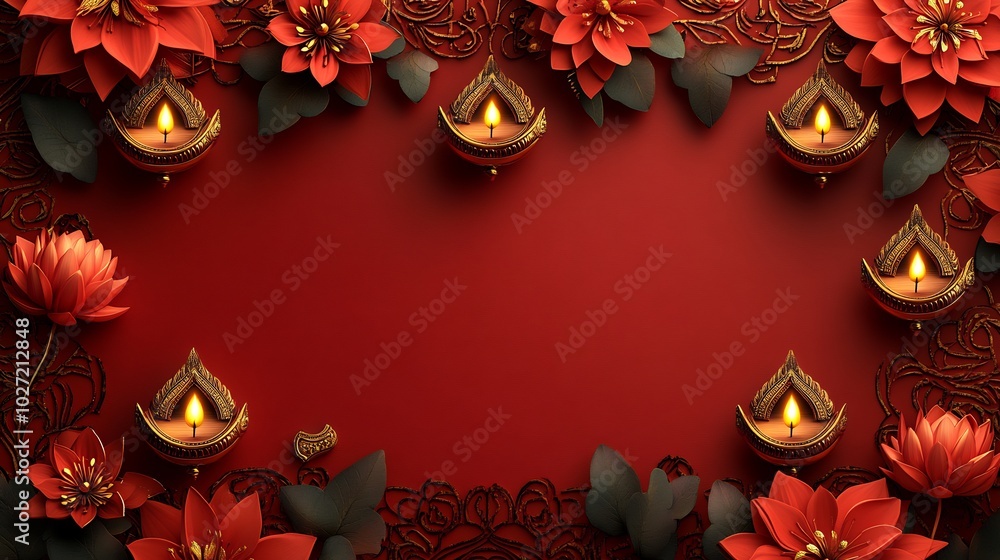 Poster diwalithemed background golden diya icons and lotus flower patterns framed by detailed geometric bor
