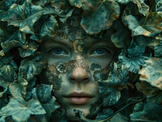 Woman Camouflaged in Green Leaves: A Portrait of Nature's Embrace