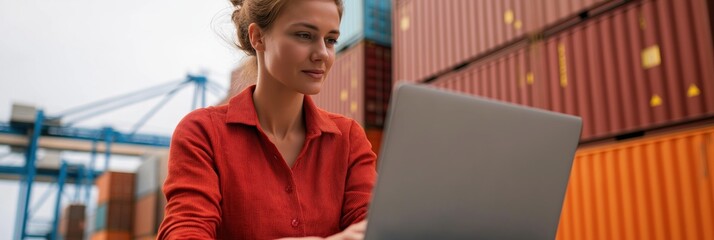 A woman uses a laptop outdoors to coordinate logistics, blending technology with the dynamic environment of shipping containers for impactful business decisions.