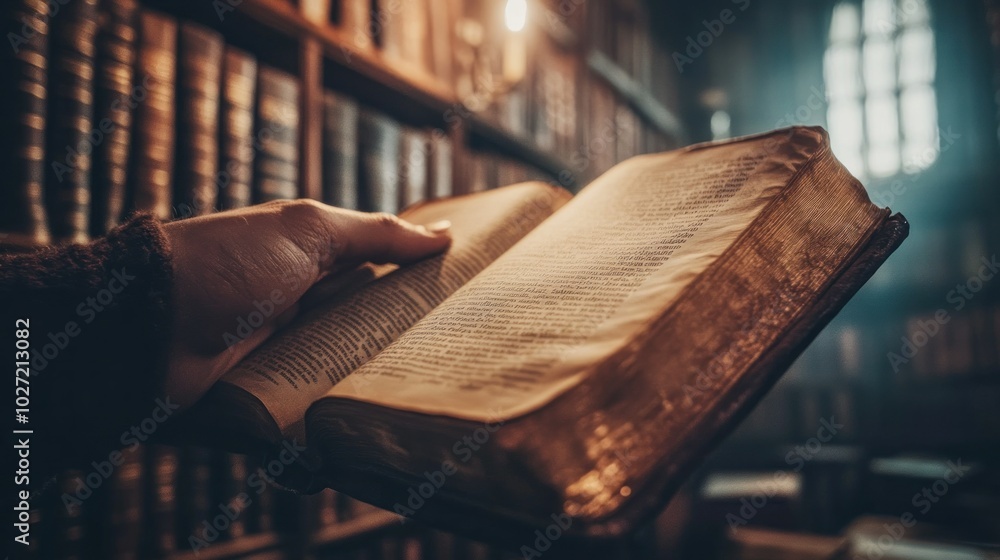 Poster Close-up of a hand holding an open aged book with blurred bookshelf and window in background