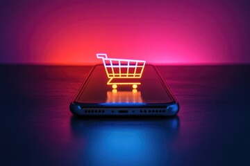 Online shopping concept with neon shopping cart symbol hovering over smartphone on vivid blue and purple background