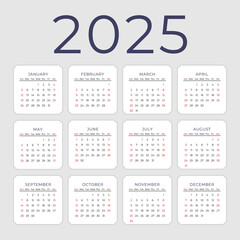 Calendar template for 2025, wall calendar design for 2025. The week starts on Sunday.