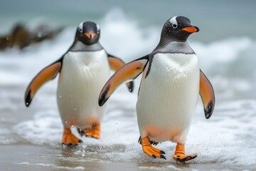 Fototapeta premium Two gentoo penguins walking on the beach