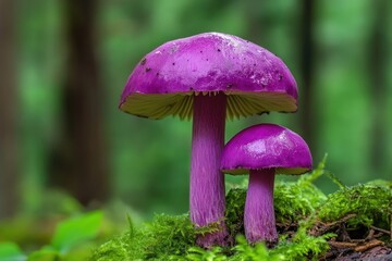 Two purple mushrooms growing on moss in a forest