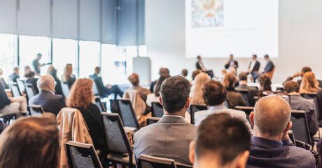 Interview and round table discussion at business convention and presentation. Audience at the...