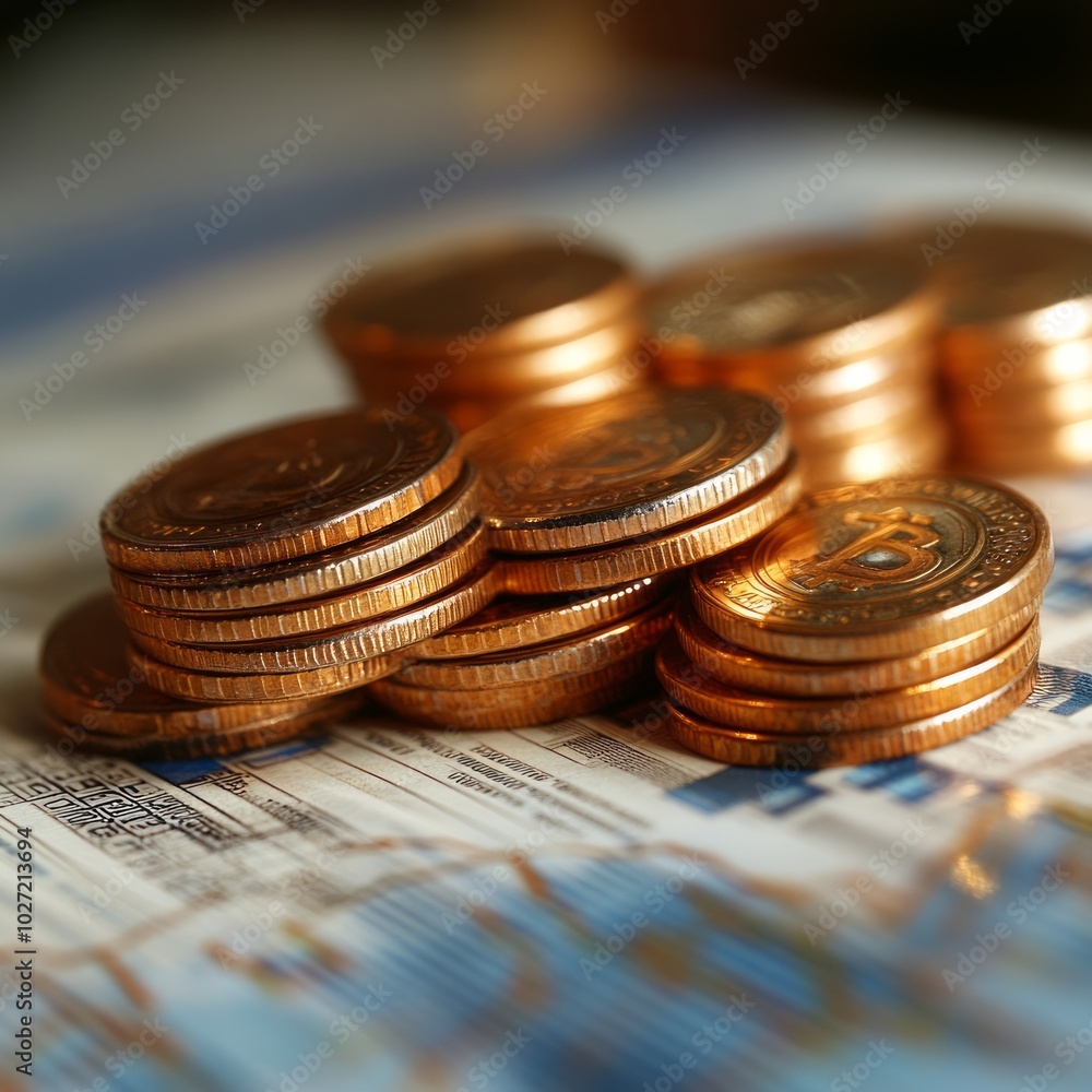 Sticker Close-up of stacks of copper coins on a financial chart.