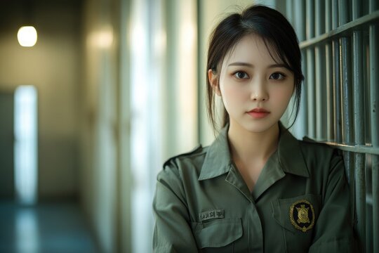 Serious young female prison guard standing in a jail cell block