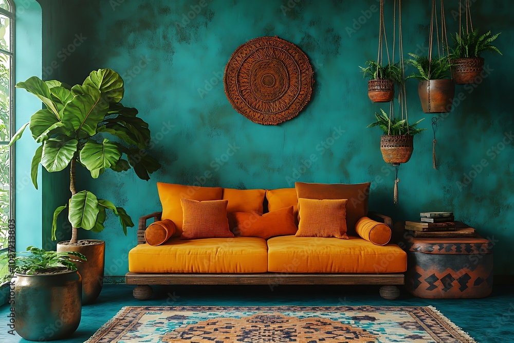 Wall mural cozy living room with vibrant decor and plants.