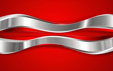 Abstract red and white background vector presentation design, with a wavy shape and silver lines in the middle.