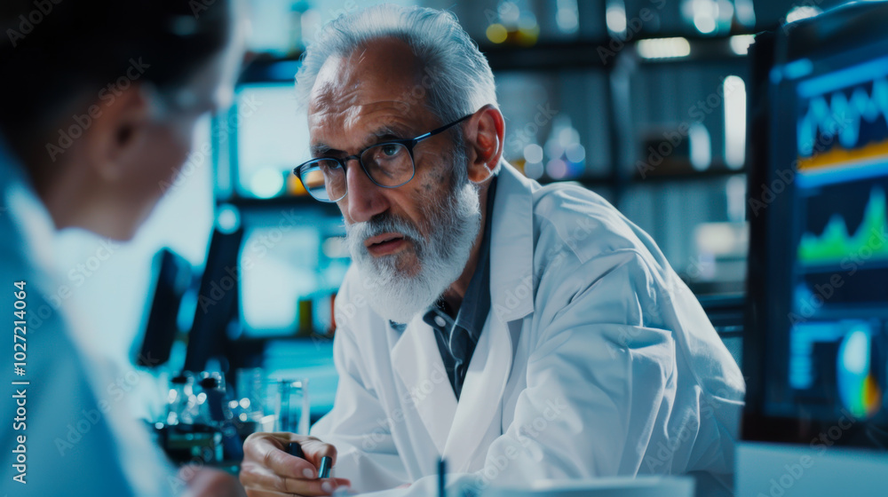Poster elderly scientist working intently at a computer in a laboratory filled with equipment during nightt
