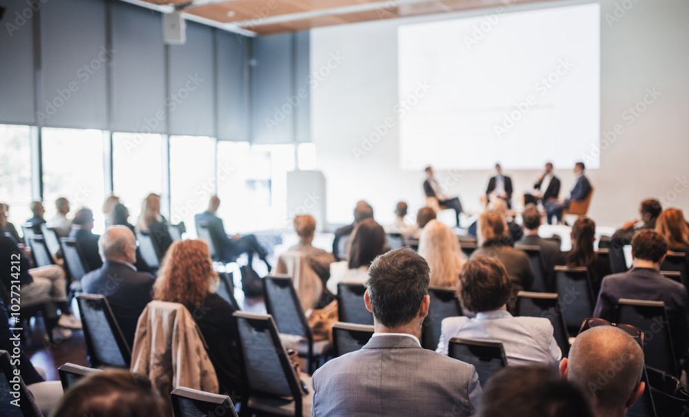 Wall mural interview and round table discussion at business convention and presentation. audience at the confer