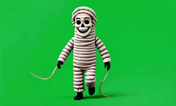 A cartoon mummy walks across a green screen.