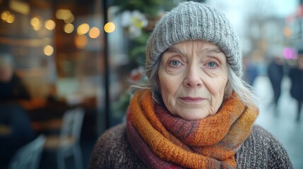 Man with blue hat, beard is staring at the camera. He is wearing a coat and he is homeless. old homeless woman, standing in front of a cafe on a cold autumn day. Her expression is tired and sad,