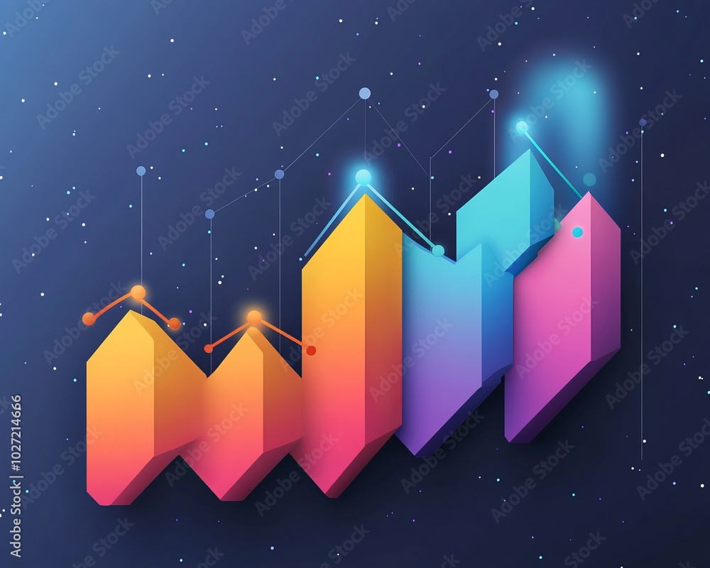 Poster Colorful 3D bar graph with glowing lines rising upwards against a dark blue background with white dots.