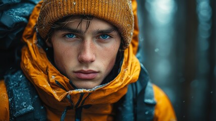 Man wearing yellow hat, orange jacket is standing in snow. He has a beard and blue eyes. hiker looking at the camera injured, forest background, cold lighting on one side warm lighting on the other,