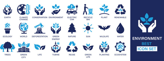 Environment best solid icon set collection. Earth, climate change, conversation, electric car, recycle bin, plant, renewable, ecology, deforestation and vector illustration.