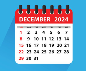 December 2024 Calendar Leaf. Calendar 2024 in flat style. December 2024 Calendar. Week starts on Sunday. Blank Calendar Template. Stationery Design. Vector Illustration