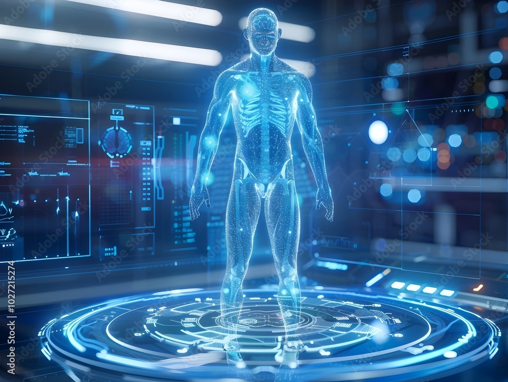 Poster holographic body scan displaying real time health diagnostics and insights symbolizing advancements 