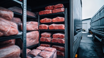 Frozen meat packages stacked on shelves inside a refrigerated truck. The packages are tightly wrapped in plastic, and the truck is parked outdoors in a commercial area.