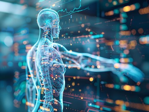 Holographic body scan displaying detailed diagnostics and health insights in real time symbolizing digital health advancements