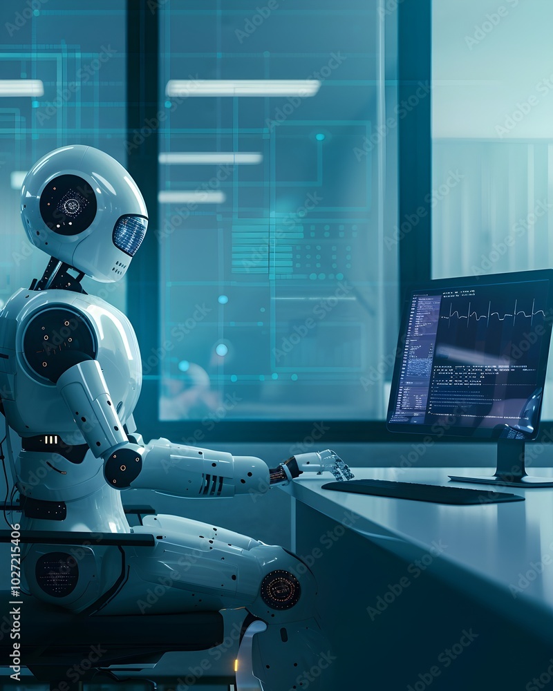 Aufkleber futuristic ai powered clinic with digital interfaces for healthcare automation and data management