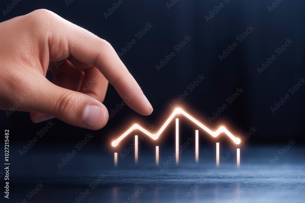 Poster a hand pointing at a digital graph representing growth and progress in a dark environment, symbolizi