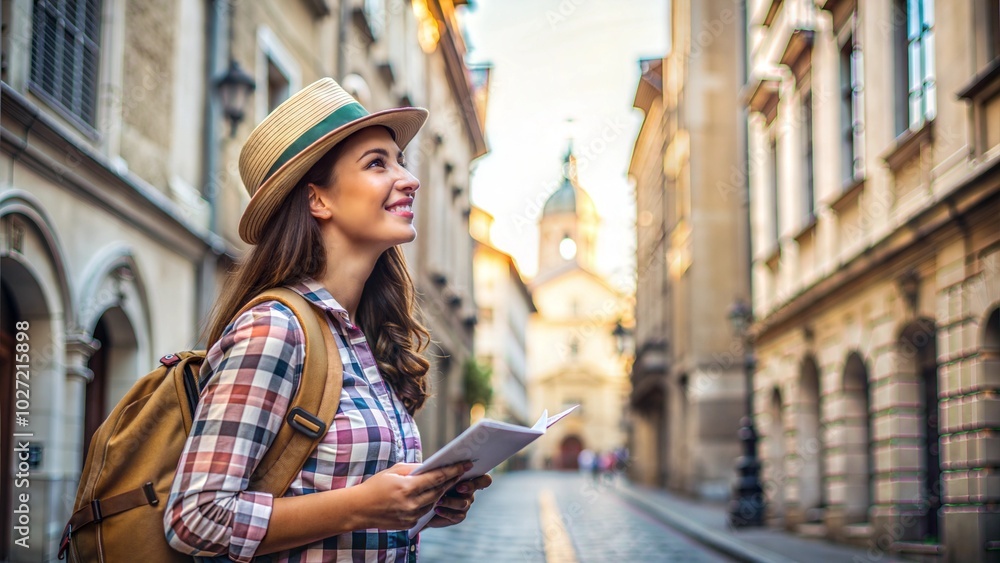 Wall mural traveler woman exploring a historic city with awe and curiosity