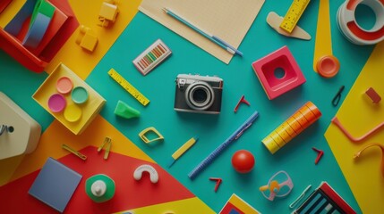 Colorful Background with Retro Camera and School Supplies