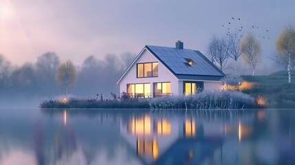 Fototapeta premium Picturesque Off Grid Smart Home with Solar Power and Rainwater Collection Reflecting on Serene Lake at Sunset
