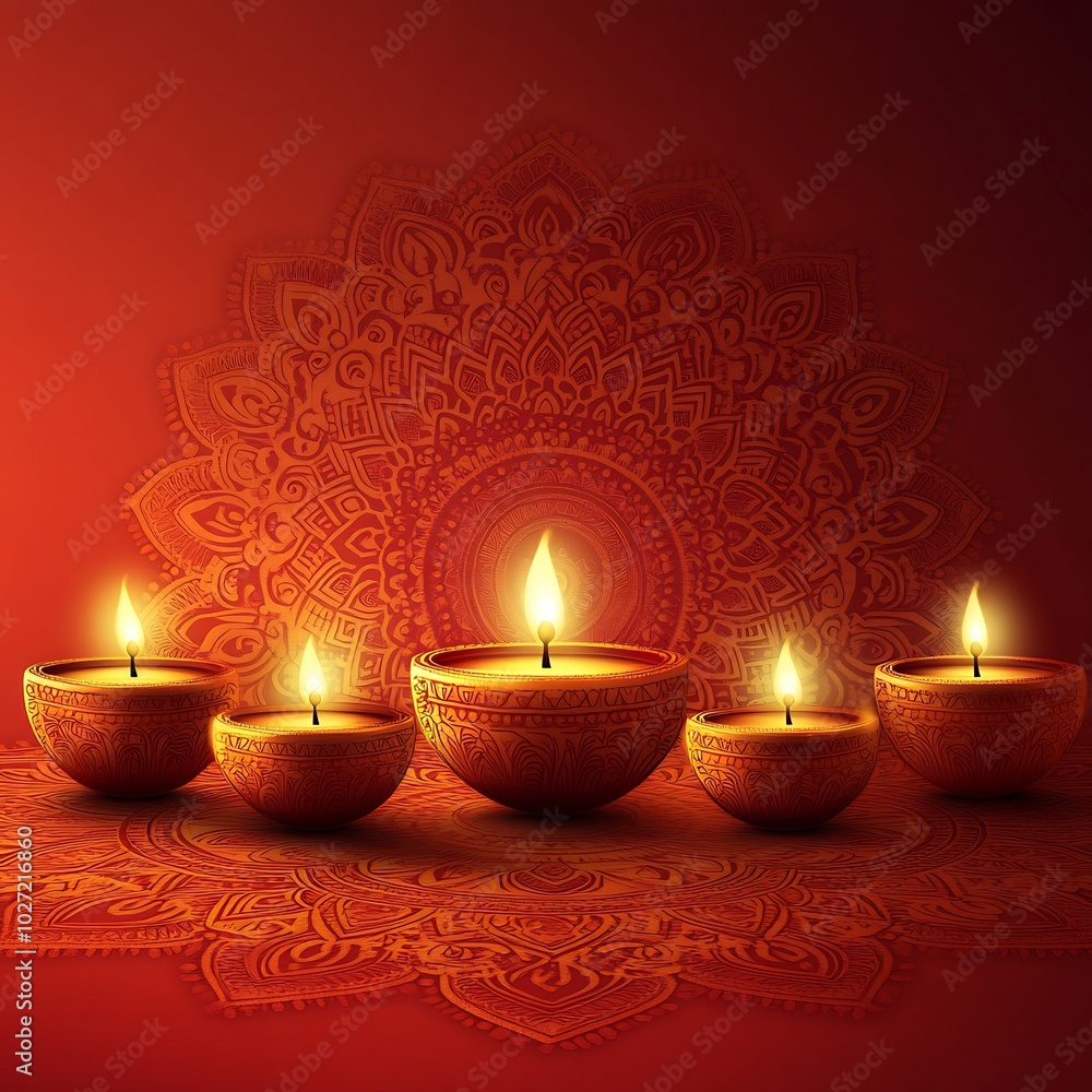 Aufkleber diwali festival background delicate mandala patterns and glowing diyas in gold layered on a soft red