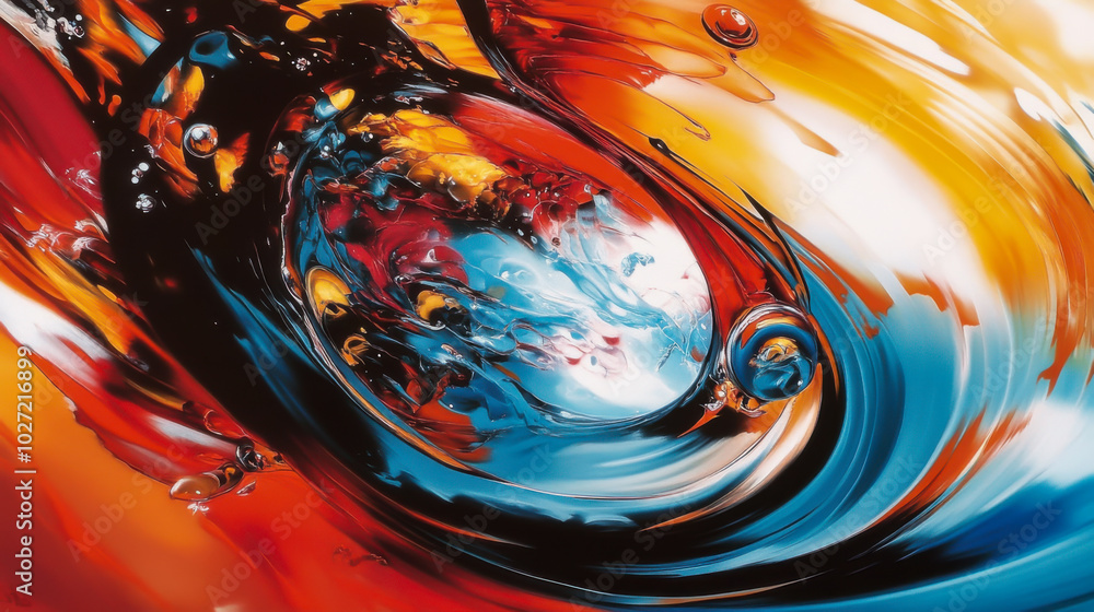 Poster abstract colorful artwork showcasing dynamic blue and orange shapes with glossy textures, creating a