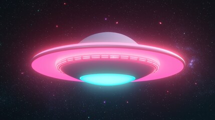 Imaginative retro future landscape depicting a pastel metallic space station orbiting Earth surrounded by colorful faded neon stars