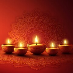 Diwali festival background delicate mandala patterns and glowing diyas in gold layered on a soft redtoorange gradient Space is left in the center for text to highlight the festive design
