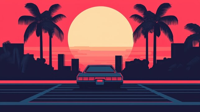 Colorful retro city with pastel metallic hover cars soaring between mid-century buildings featuring neon elements and a sunset backdrop