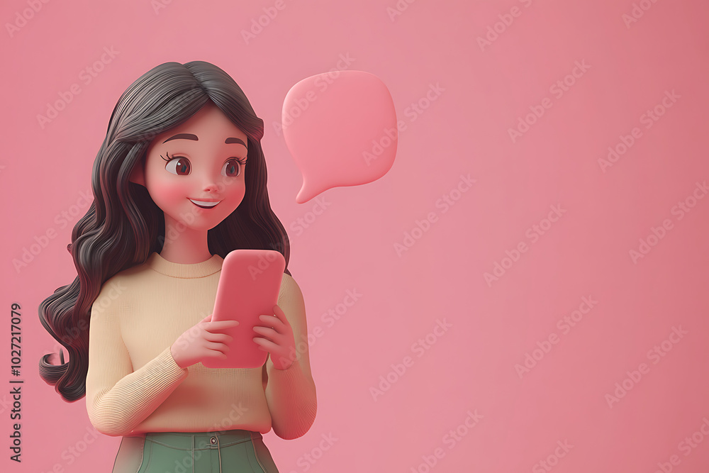 Poster a cheerful animated character texting on a phone with a speech bubble.
