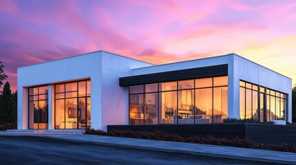 Fototapeta premium Architectural illustration of a house with white concrete walls, large windows, and a black wood facade at sunset