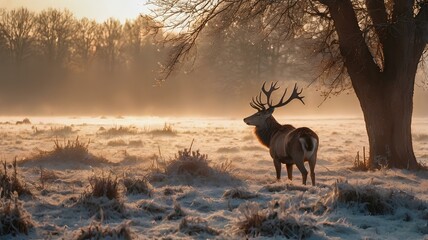 Beautiful sunrise on field with red deer. Winter foggy frosty morning with deer. 