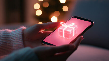 A person holds a phone displaying a glowing gift box graphic, symbolizing digital gifting during the festive season.