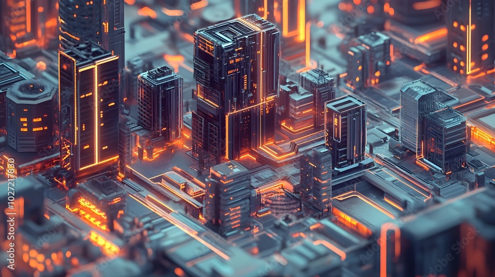 Poster isometric perspective: an isometric view of a futuristic cityscape with equal angles and no perspect