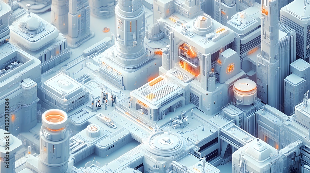 Poster isometric perspective: an isometric view of a futuristic cityscape with equal angles and no perspect